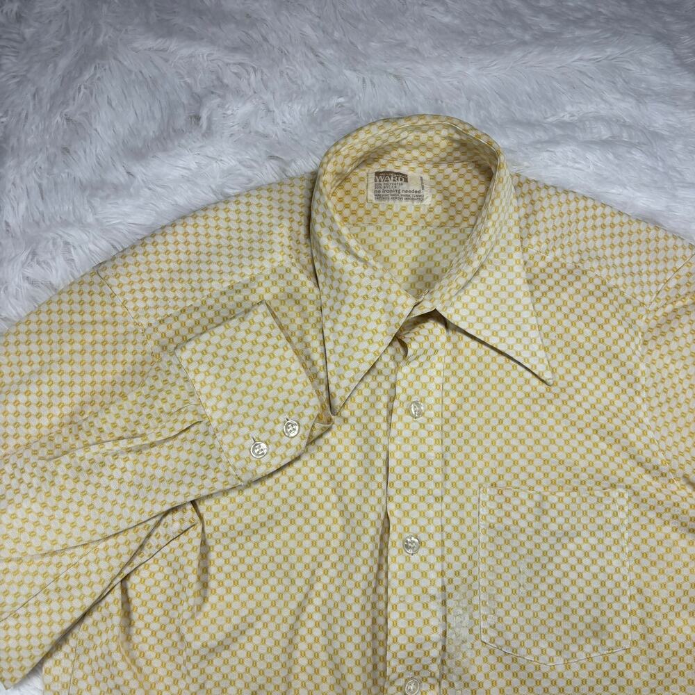 Vintage 70s Dagger Collar Geometric Disco Shirt Yellow Checked Pattern Medium